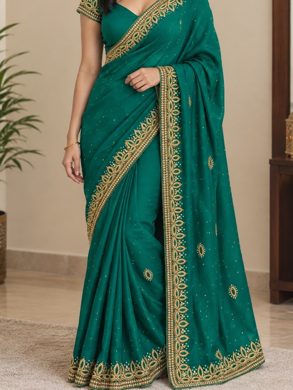 Embellished emerald green with intricate gold stone border.